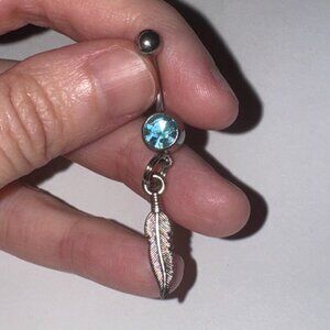 Aqua Blue Gem Feather Dangle Belly Ring